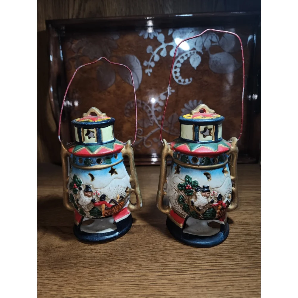 Christmas Ceramic Lantern Tealight Candle Holder Set Santa Claus & Mouse Holiday